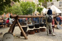 Caldrons of mystery stew at an outdoor restaurant outside Buda Castle.  Budapest, Hungary